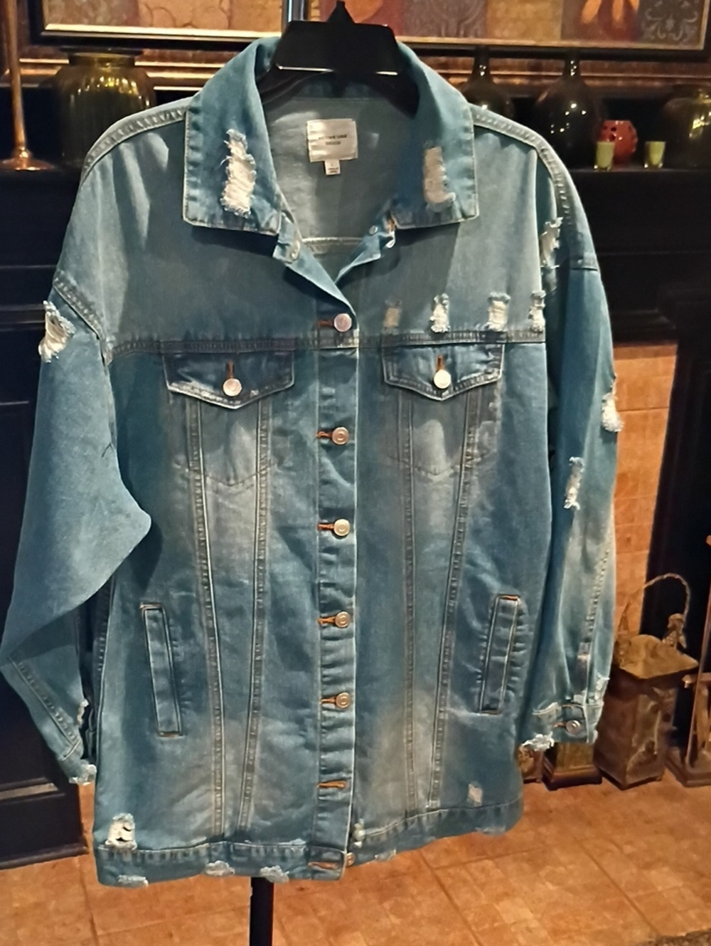 ACTIVE USA Denim Light Blue Distressed Jacket w Gold Stitching